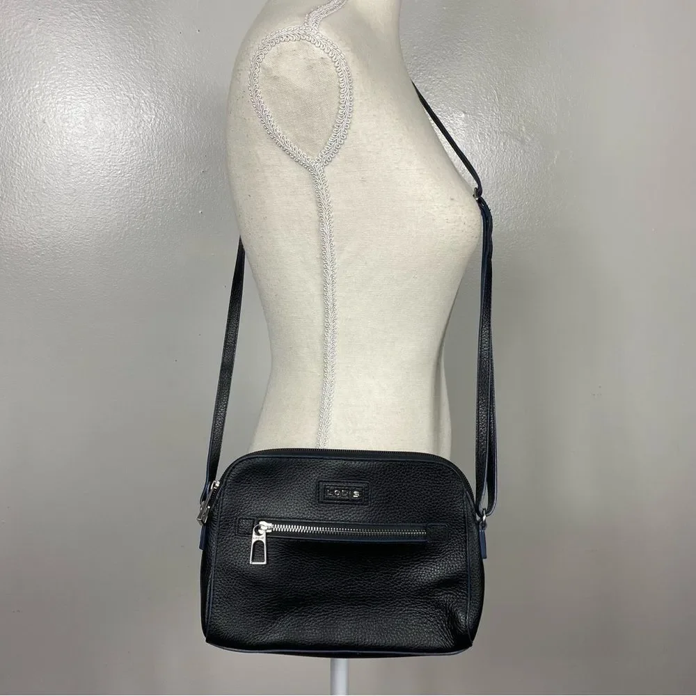 Lodis Charlotte crossbody bag in black pebble-grain leather with navy blue trim